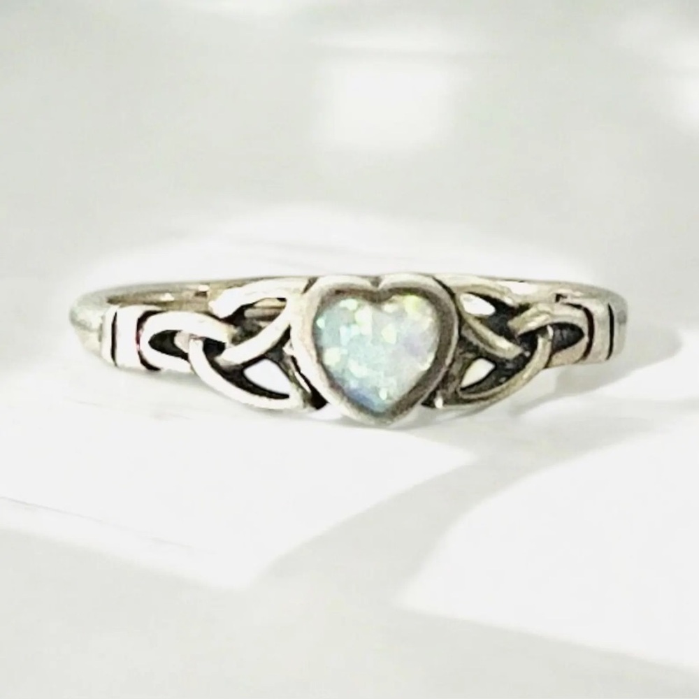 925 Sterling Silver White Opal Heart Celtic Knot Ring Size 4-10